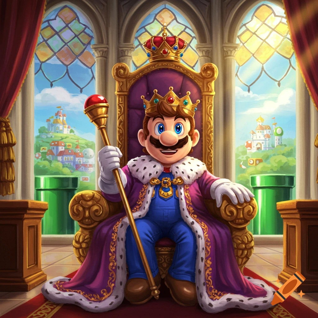 Mario the King sits on a golden throne in a castle room