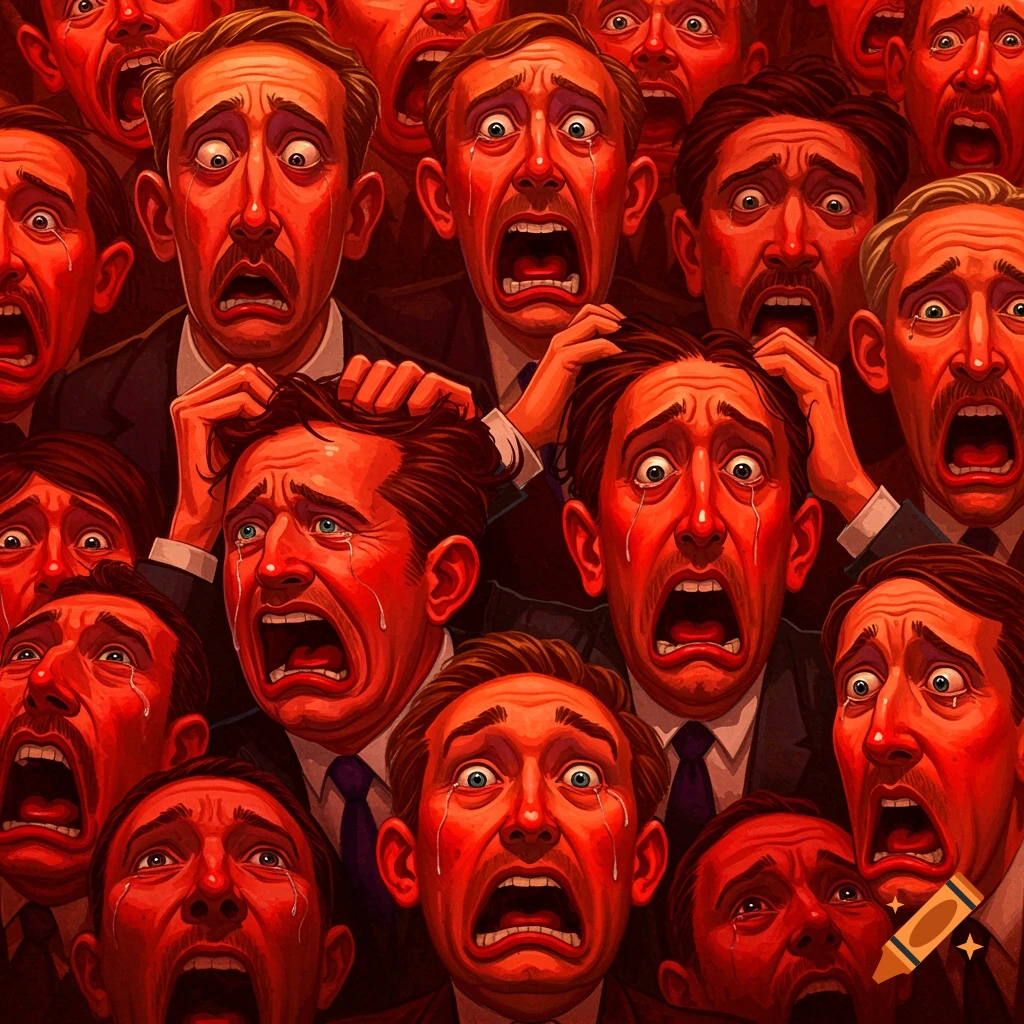 Illustration of multiple faces screaming and crying in terror, with red and orange tones.