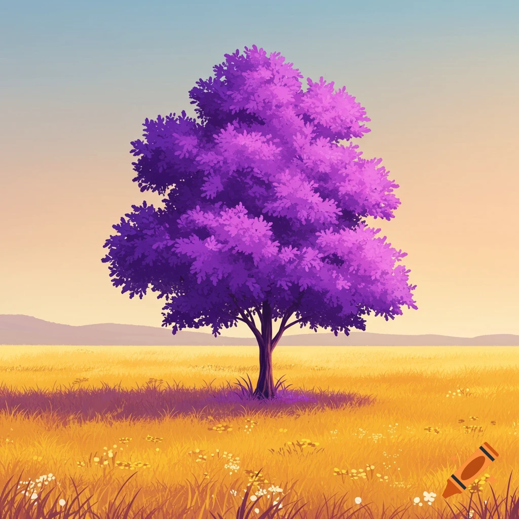 A stylized illustration of a purple tree in a golden field under a gradient sky.