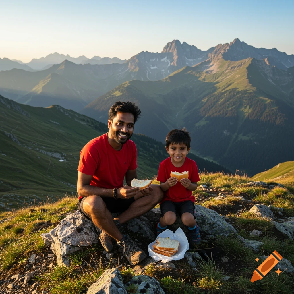 Father and son in red shirts eating sandwiches on a rock in the mountains at sunrise.