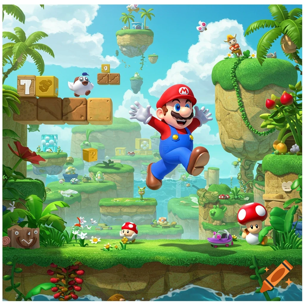 Cartoon image of Mario jumping in a vibrant game world with floating islands, blocks, and enemies. Stylized like a 3D game.