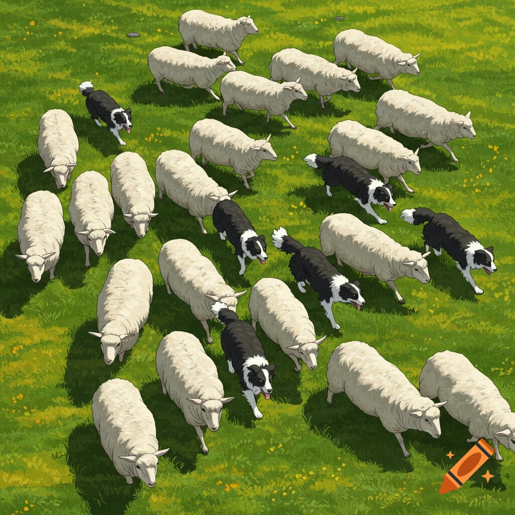An overhead illustration of border collie dogs herding sheep in a grassy field.