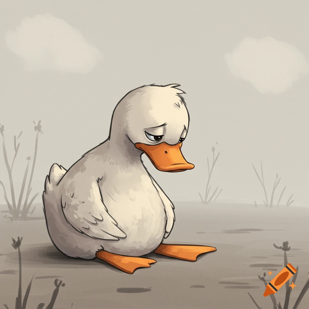 Cartoon illustration of a sad duck sitting alone in a misty outdoor scene.