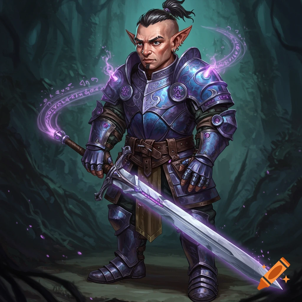 Fantasy warrior in ornate arcane armor holding a sword and magical staff.