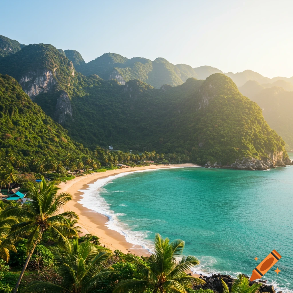 Tropical beach with white sand, blue water, lush green mountains, and palm trees under sunlight.