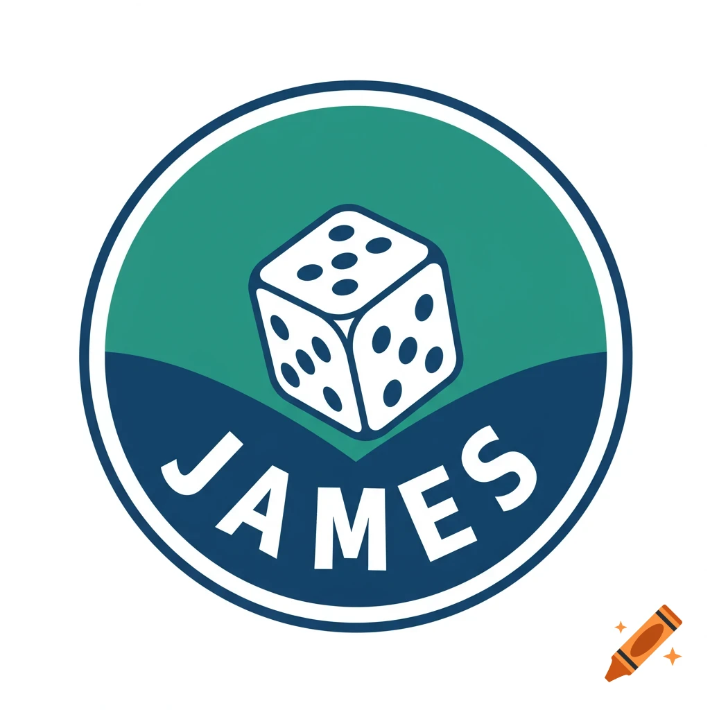 Circular logo with white dice and the name JAMES on a blue and green background.