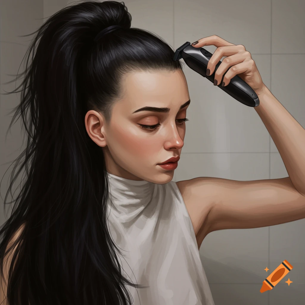 Illustration of a woman with a high ponytail shaving the side of her head with clippers.