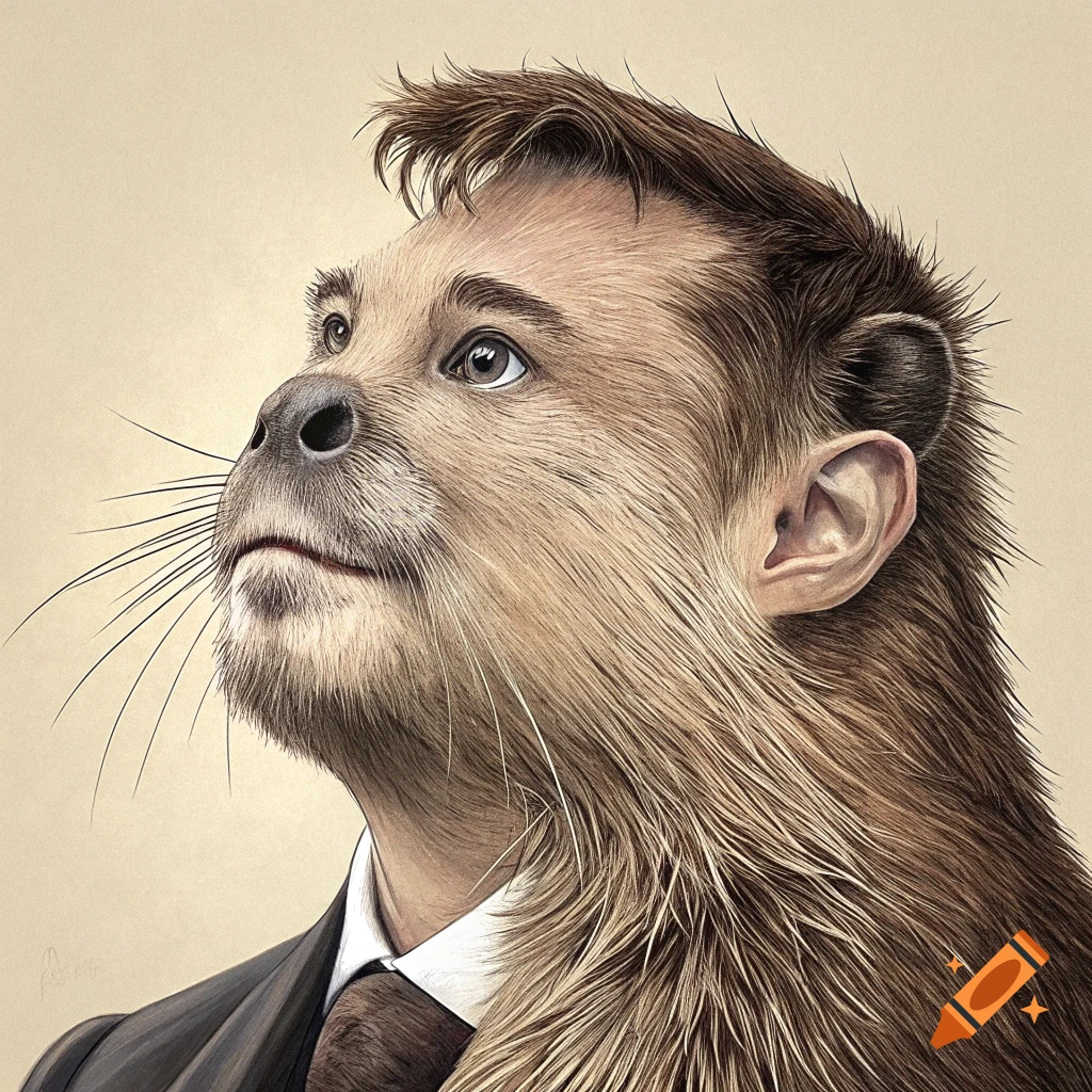 Portrait of a human-faced muskrat in a suit and tie looking up