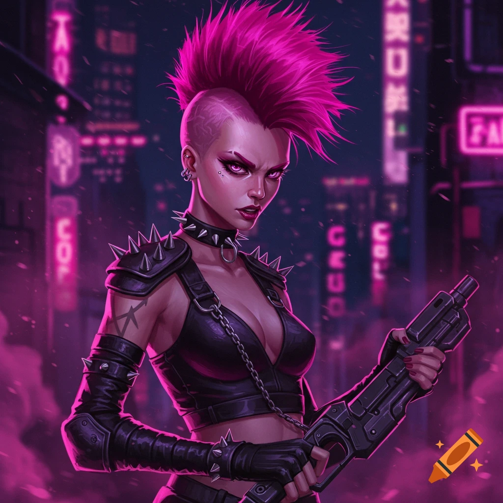A cyberpunk woman with bright pink hair holds a gun in a neon-lit city street.