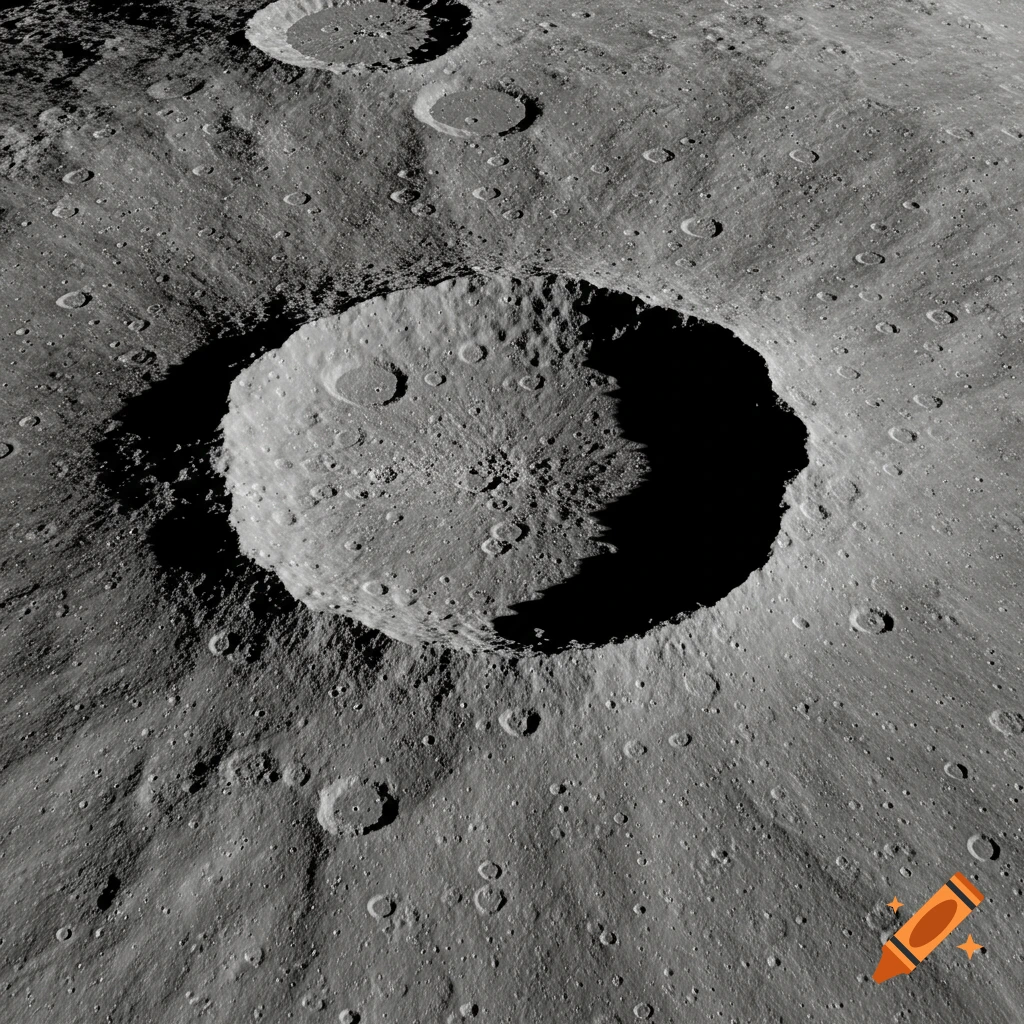 An aerial view of a large crater and smaller craters on the moon's surface.
