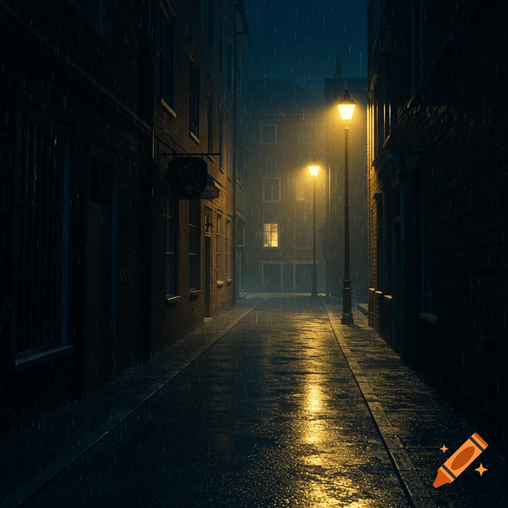 A dark, rainy street at night lit by streetlights.