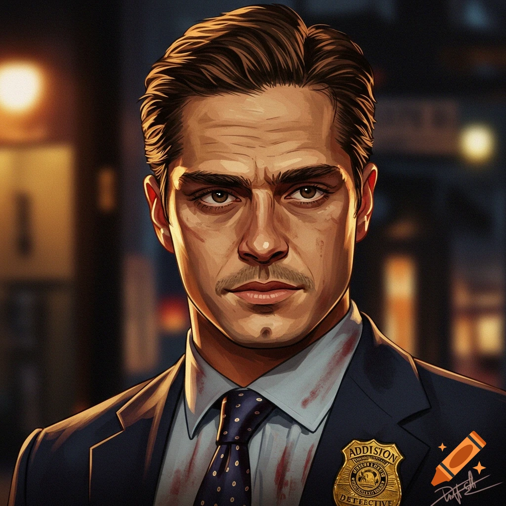 Stylized portrait of a male detective with a mustache, suit, tie, and bloodstains on his shirt.