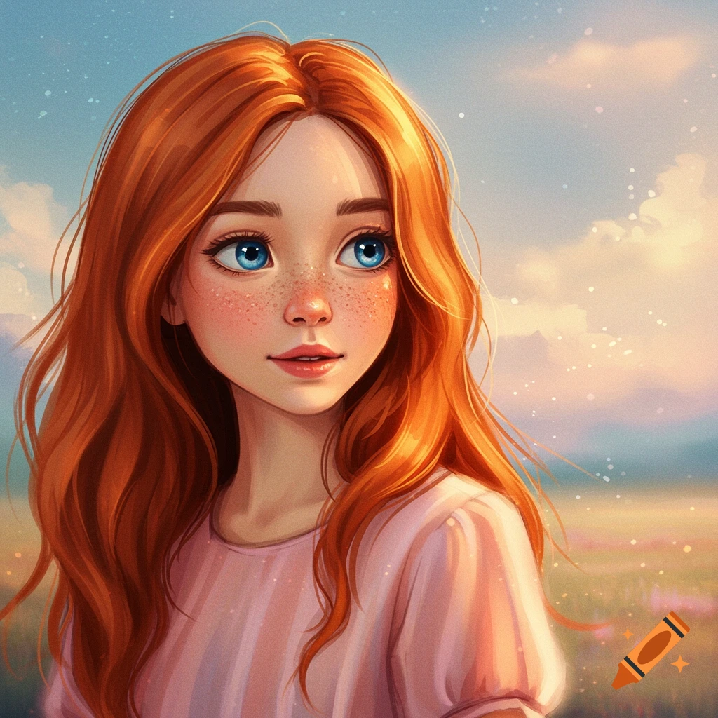 Illustration of a red-haired girl with freckles and blue eyes looking up.