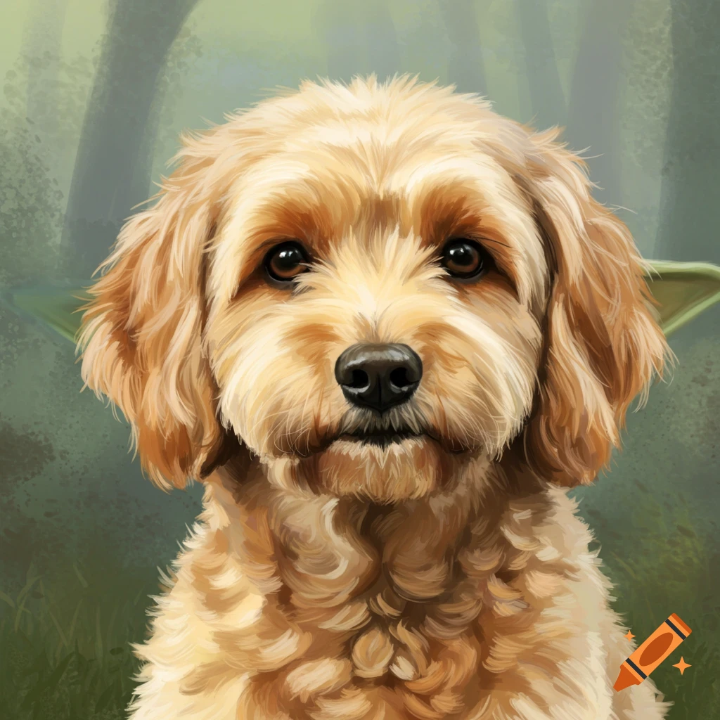 Portrait of a Goldendoodle dog with green ears against a forest background.