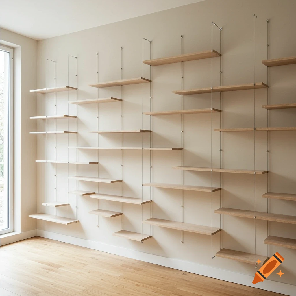 A modern room with a large wall of asymmetrical floating wooden shelves suspended by wires.