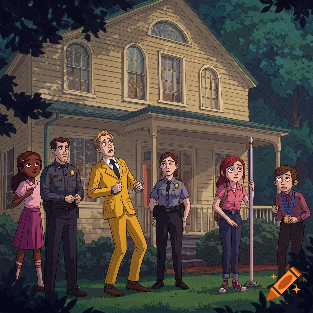 An illustration of characters from Tuck Everlasting standing startled in front of a house: Winnie Foster, two police officers, the Man in the Yellow Suit, Mae Tuck holding a pole, and Jesse Tuck with a medal.