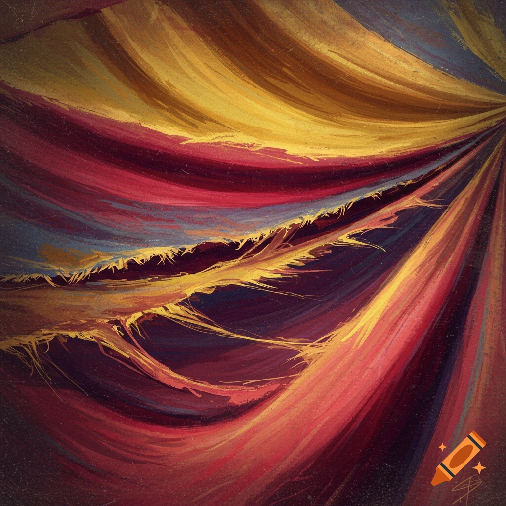 Abstract painting of old, torn fabric in red and yellow tones.