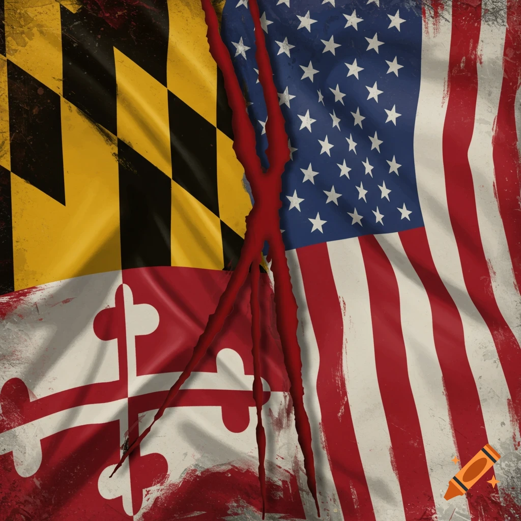 Distressed Maryland state flag and US flag ripping together vertically.