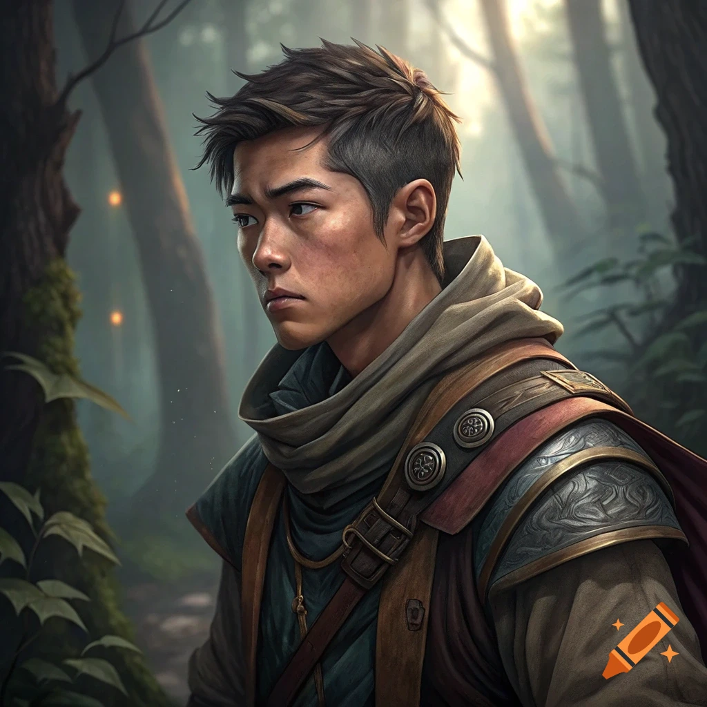 A realistic illustration of a man in fantasy clothing and hood standing in a sunlit forest.