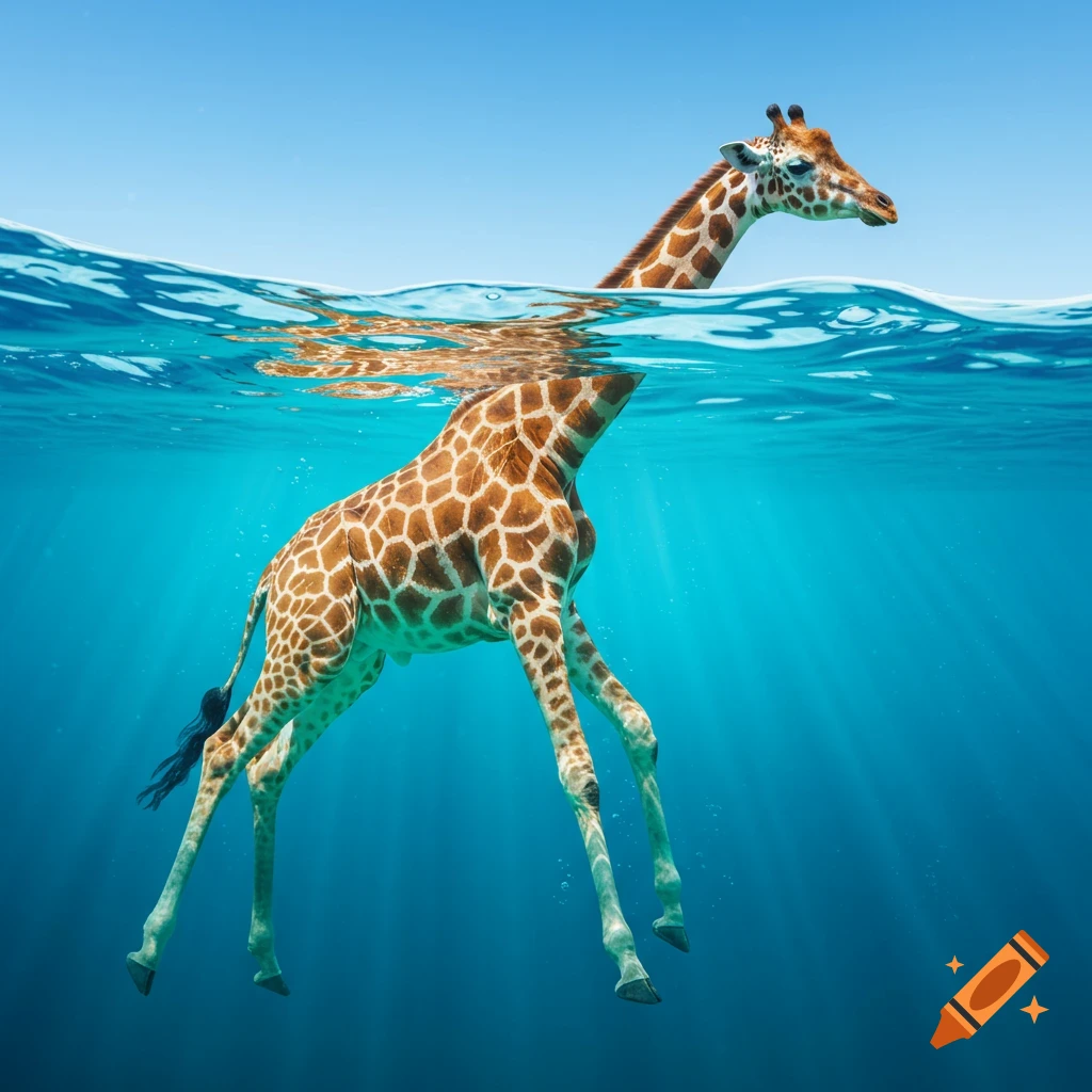 A giraffe swims in clear blue water, with its head above the surface and body underwater.