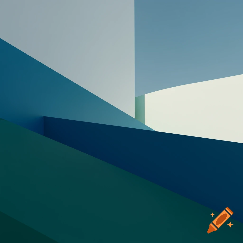Abstract geometric composition with blue, green, and white architectural shapes.