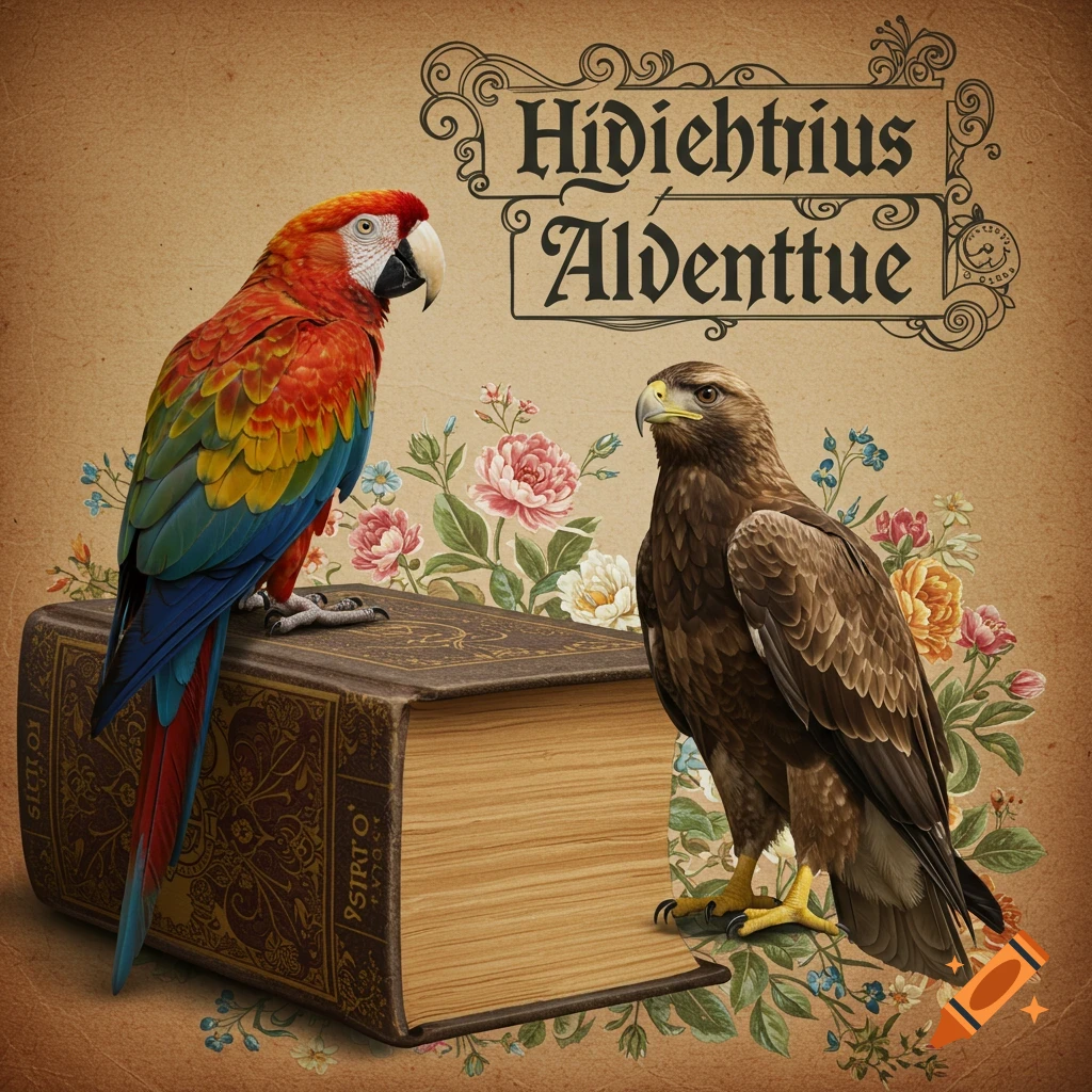 An illustration of a parrot and an eagle standing on a large old book, surrounded by flowers, with decorative text above.