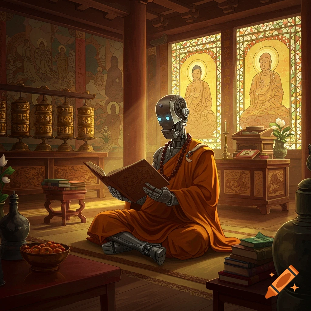 A robot in a monk's robe sits reading a book inside a detailed temple.