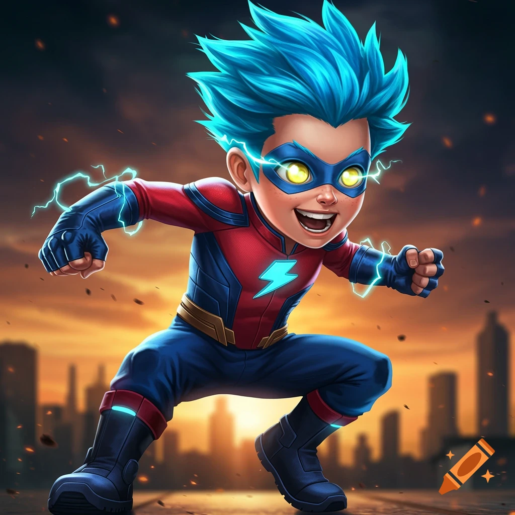 Cartoon kid superhero with blue hair and mask running, lightning bolts around him