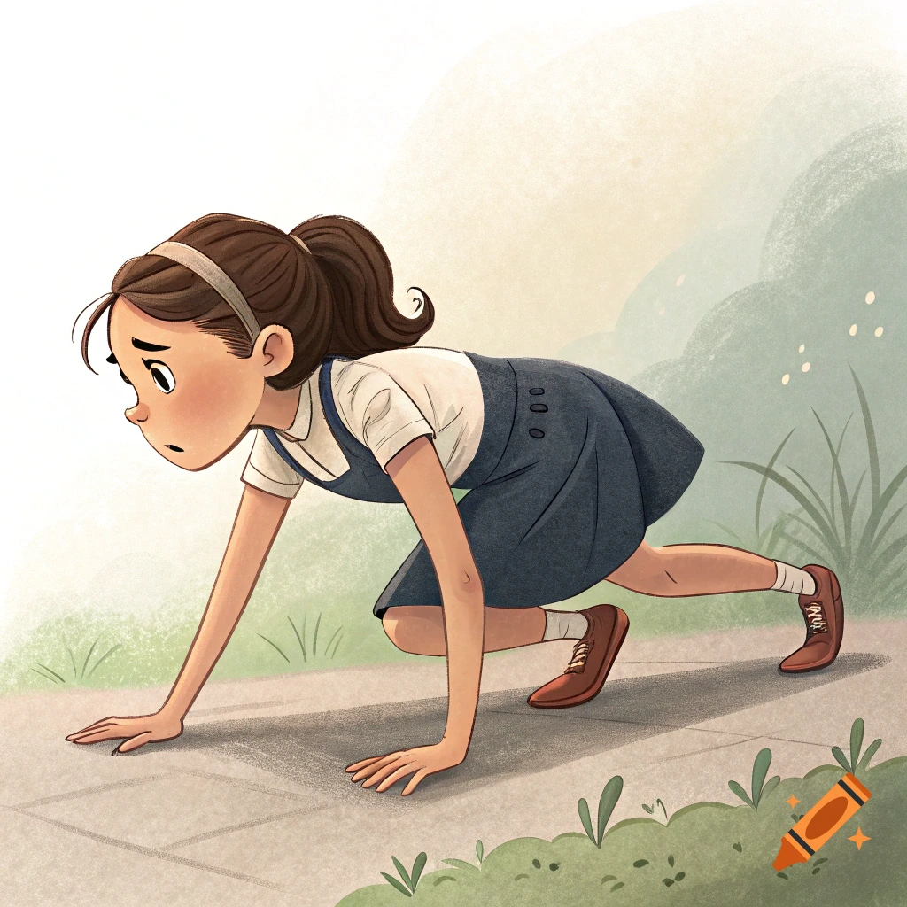 Illustration of a girl crawling on her hands and knees on a sidewalk.