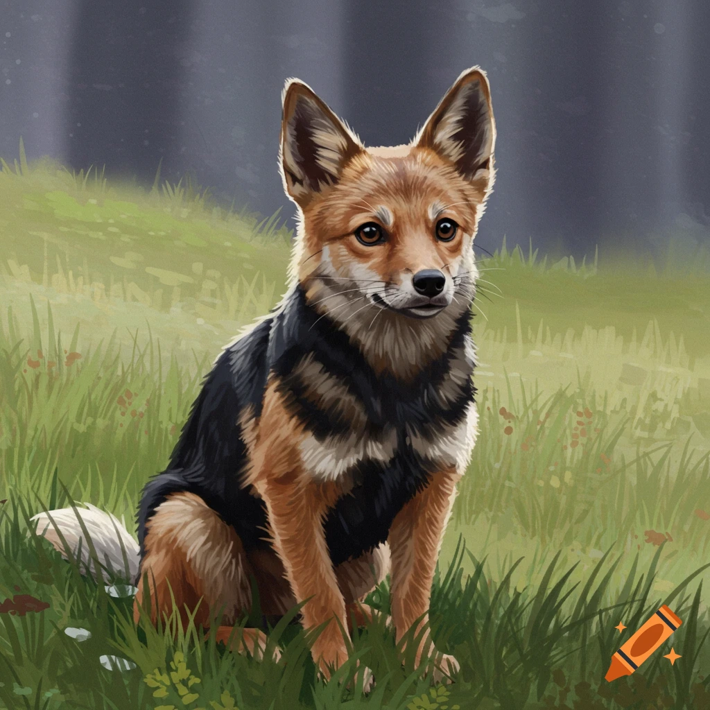 A small canid animal, perhaps a fox or coyote mix, sits in a grassy field. Illustration style.