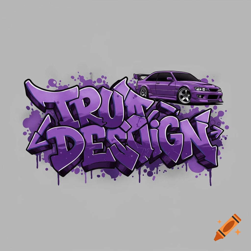 Purple graffiti art spelling TRU DESIGN next to a purple cartoon car.
