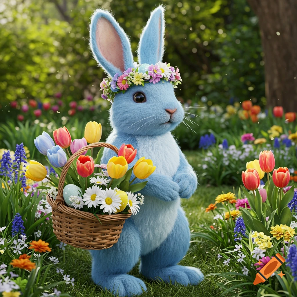 A blue Easter bunny wearing a flower crown holds a basket of tulips and daisies in a colorful garden.