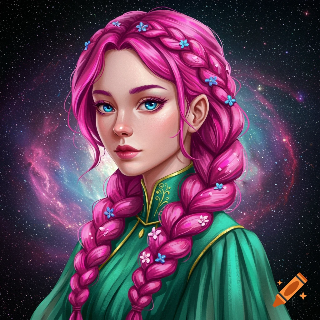 Portrait of a woman with pink braided hair and blue eyes against a galaxy background.