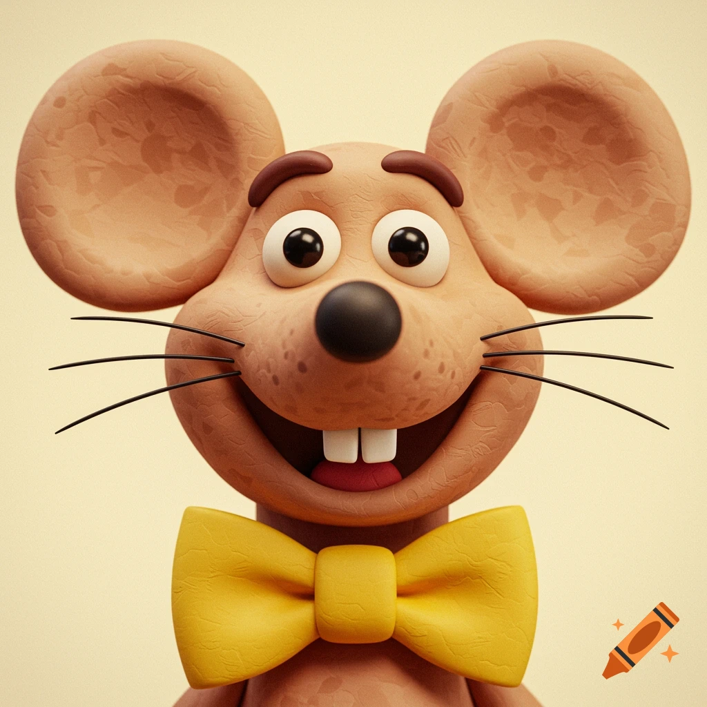 Claymation headshot of a smiling mouse wearing a yellow bowtie.