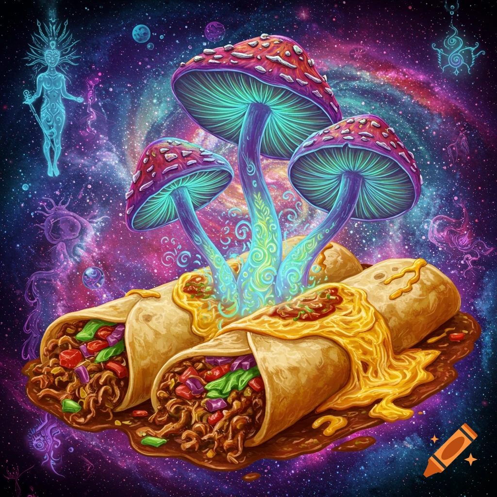 Psychedelic image of burritos topped with magic mushrooms floating in a vibrant cosmic space scene