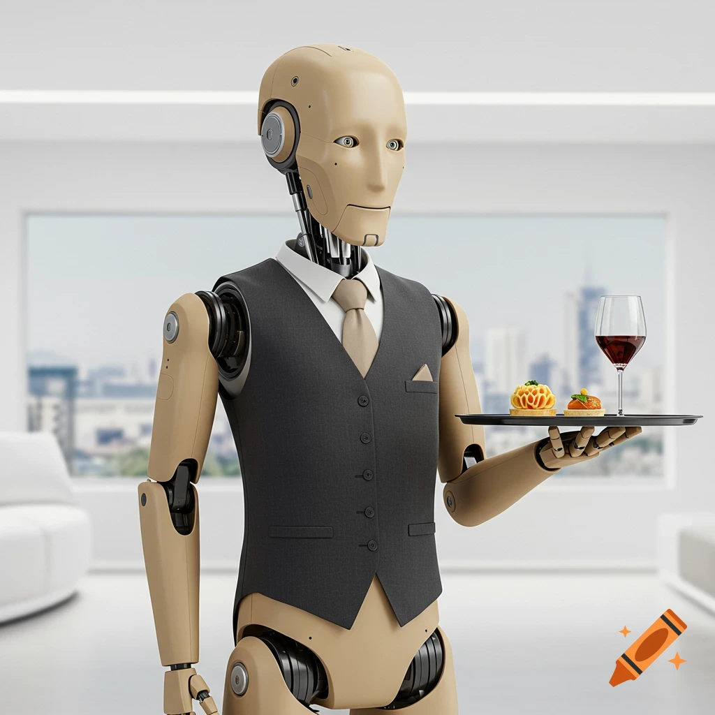 A tan robot wearing a vest and tie holds a tray with food and wine.