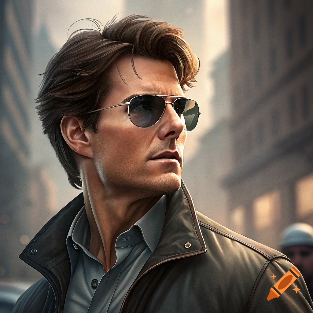 Photorealistic portrait of a man resembling Tom Cruise wearing sunglasses and a leather jacket in a city.