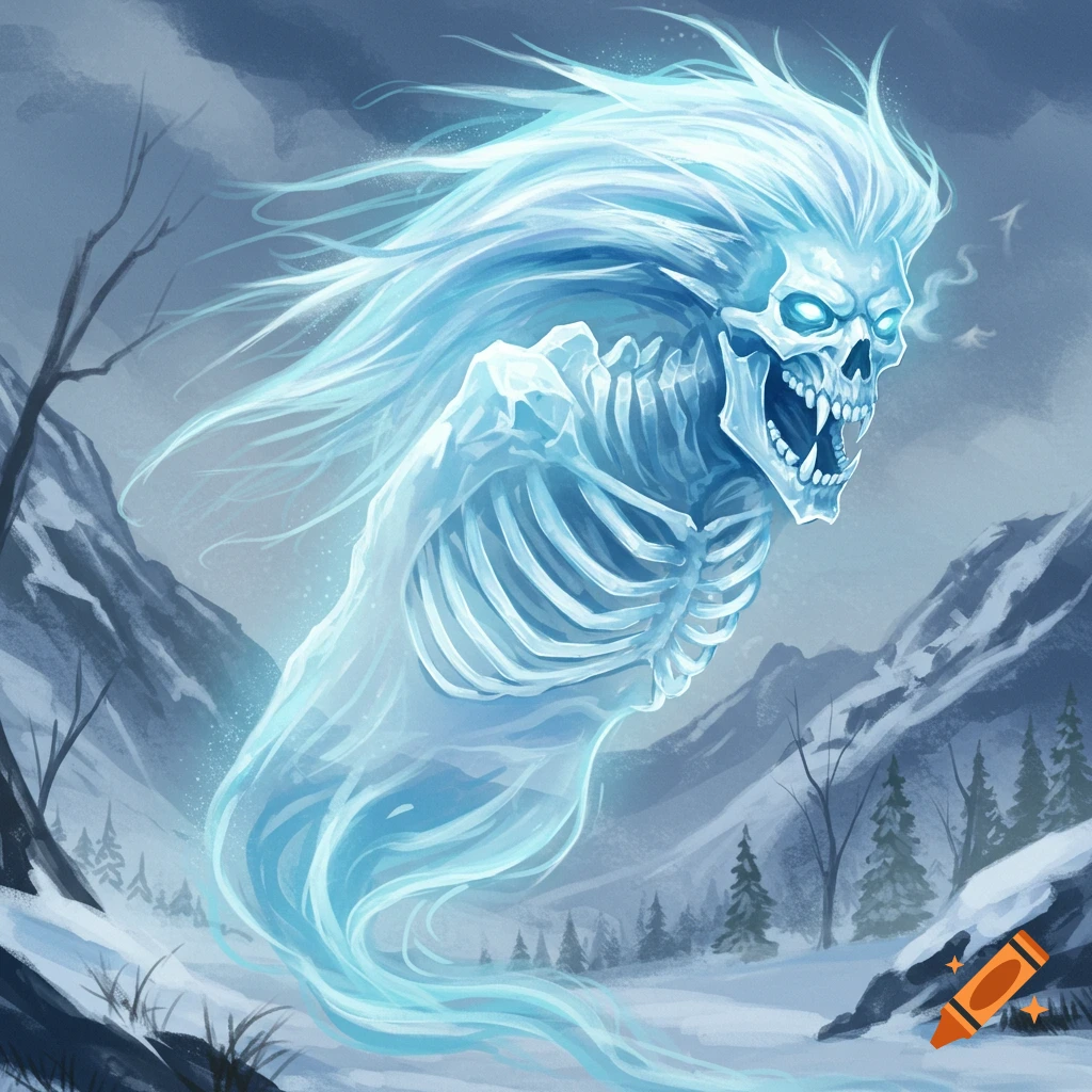 An icy blue skeletal ghost-like creature with flowing hair in a snowy mountain landscape.