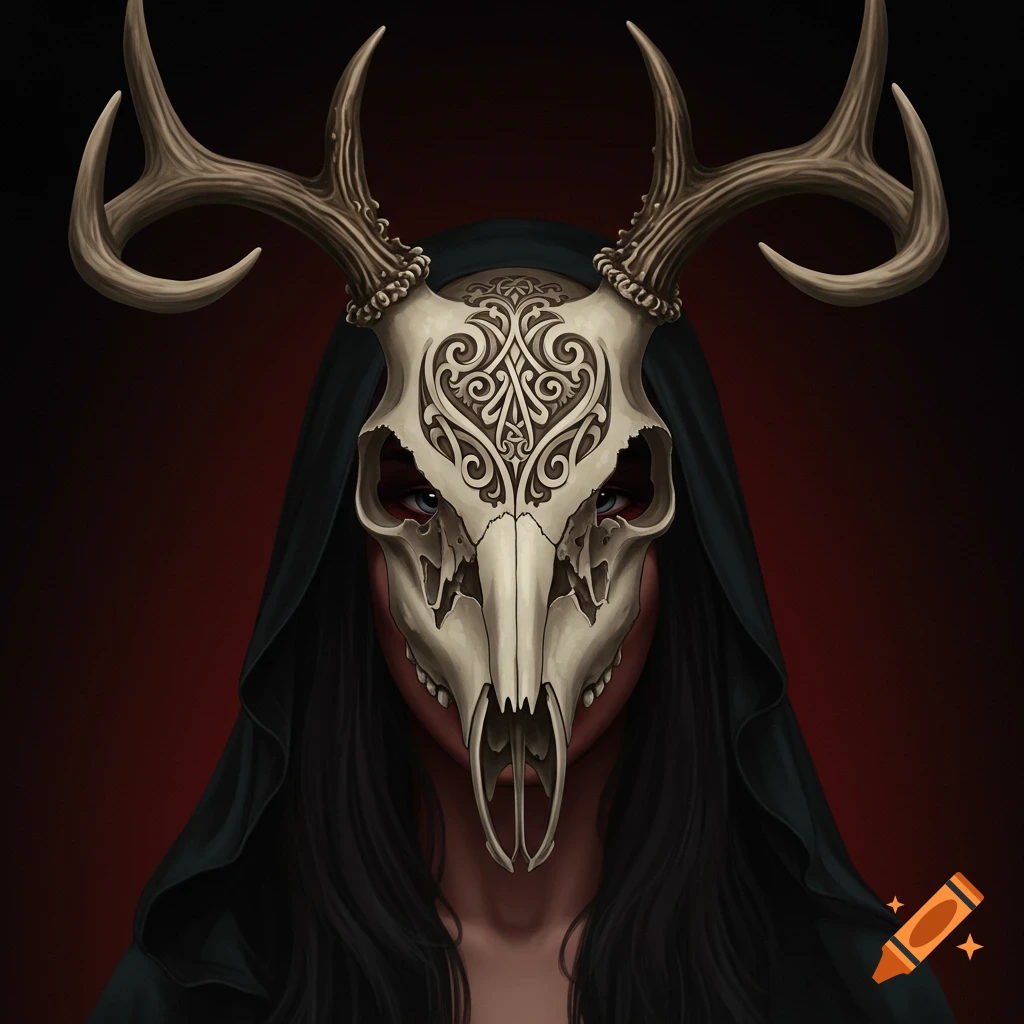 Person in dark hood wearing decorative deer skull mask