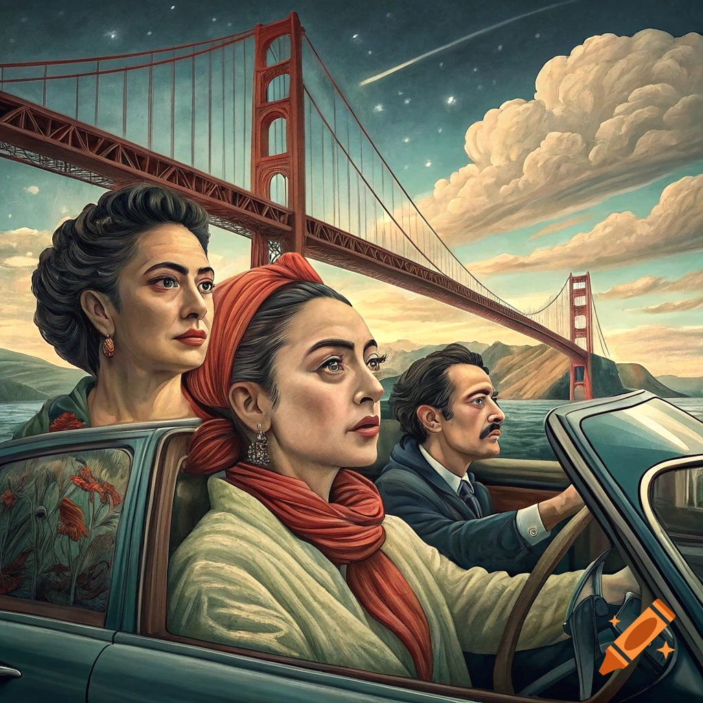 Three figures in a car with the Golden Gate Bridge in background, painterly style.