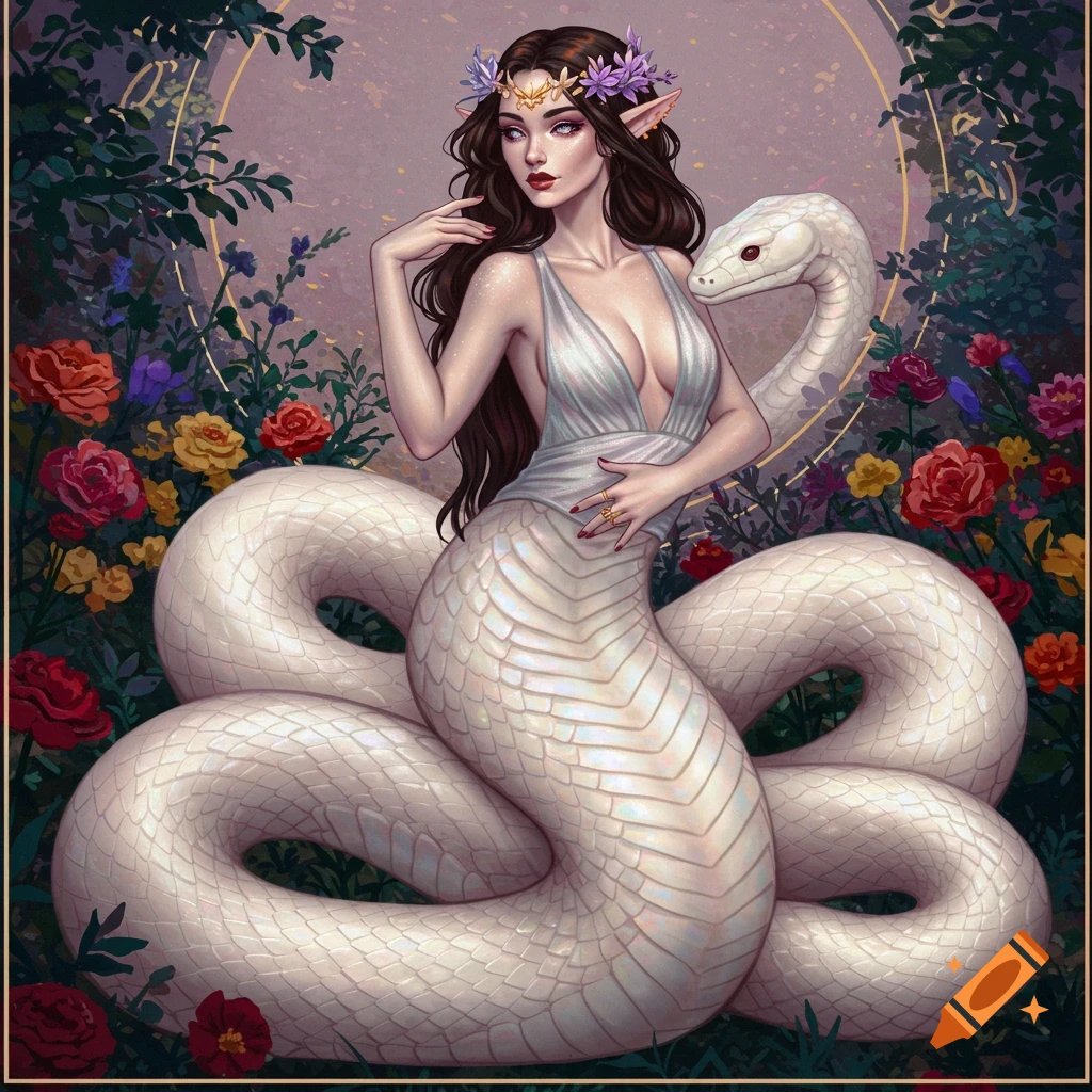 Illustrative fantasy art of a naga woman with a white snake tail in a garden.