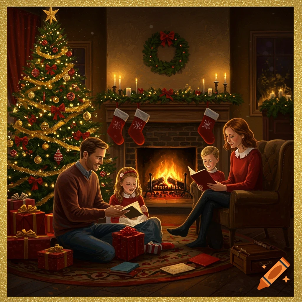 A family reads books together by a Christmas tree and fireplace, surrounded by Christmas presents. Painterly style.
