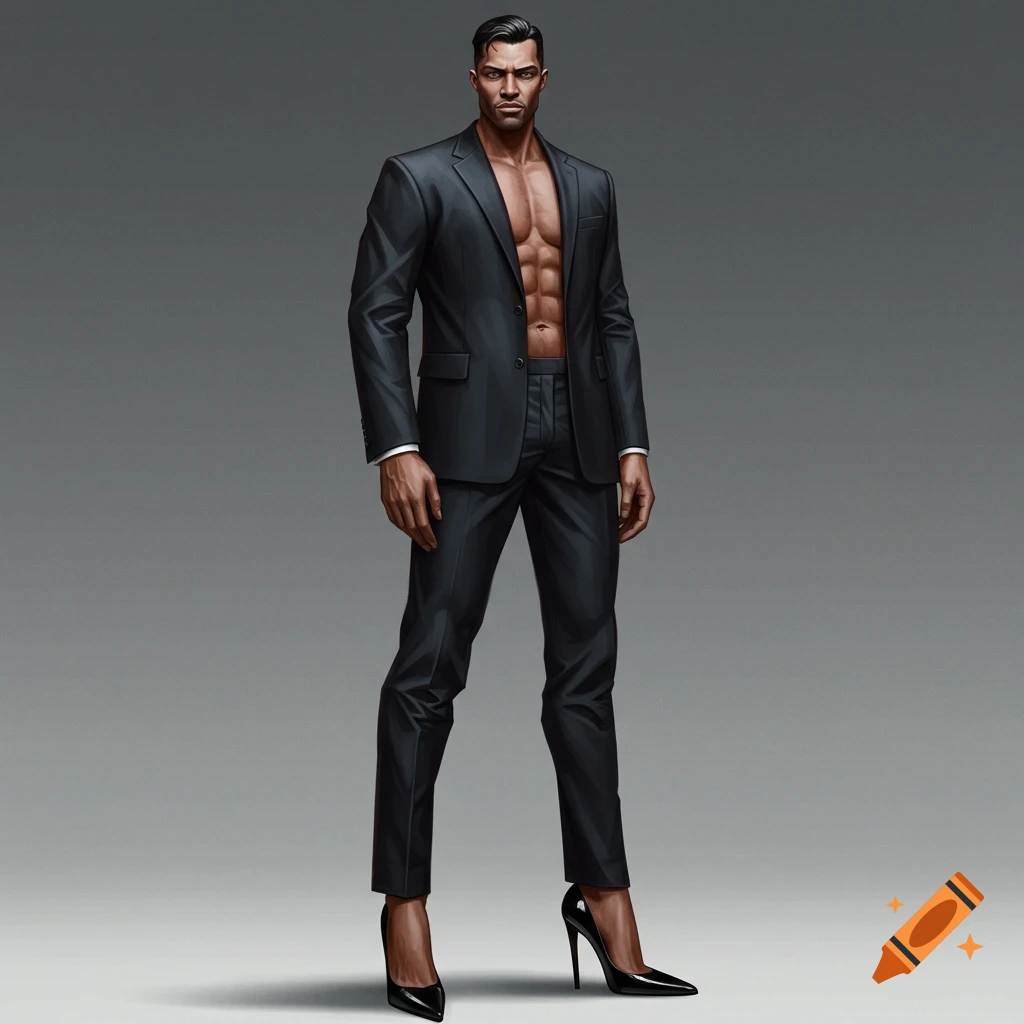 Digital illustration of a muscular man in an open suit jacket and high heels.