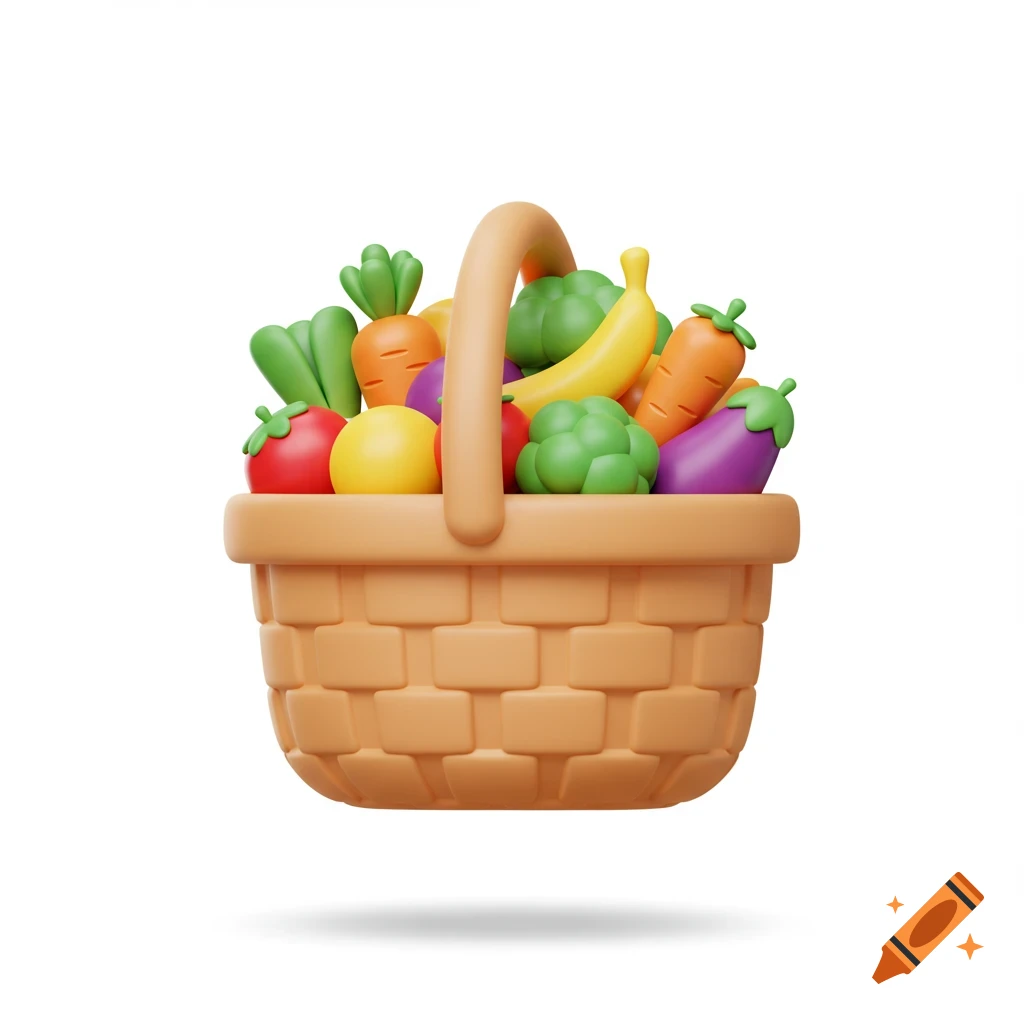 A 3D illustration of a basket filled with stylized fruits and vegetables.