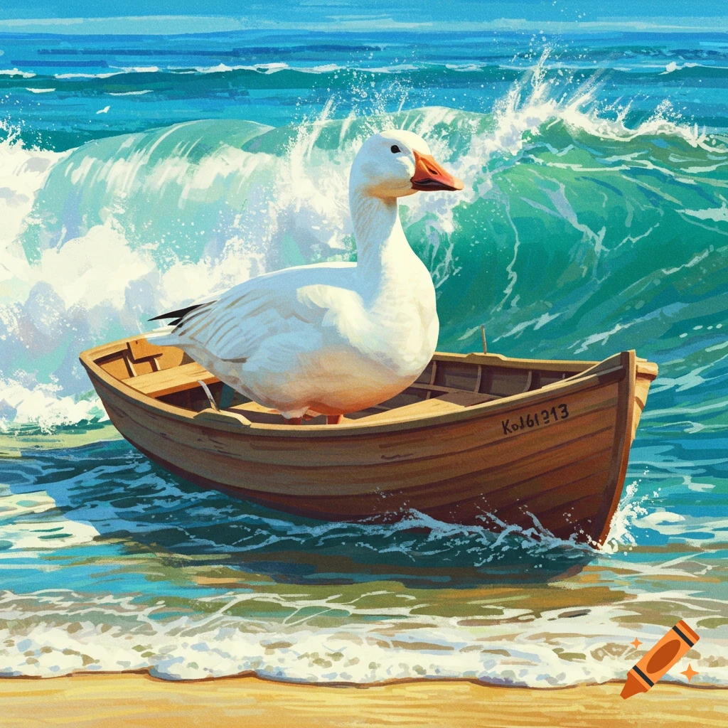 A large white goose sits in a small wooden boat riding a wave in a bright blue ocean, in a painterly style.