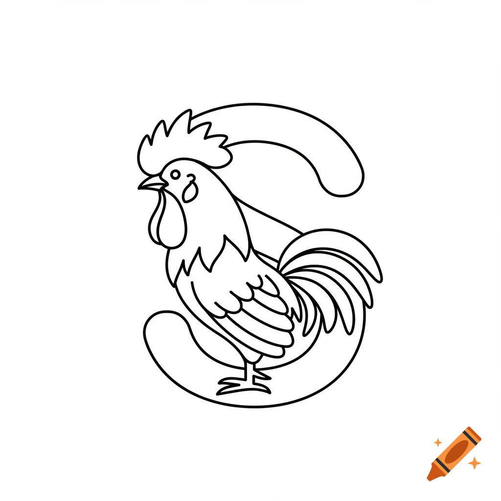 Line art illustration of a rooster forming the shape of a capital S.