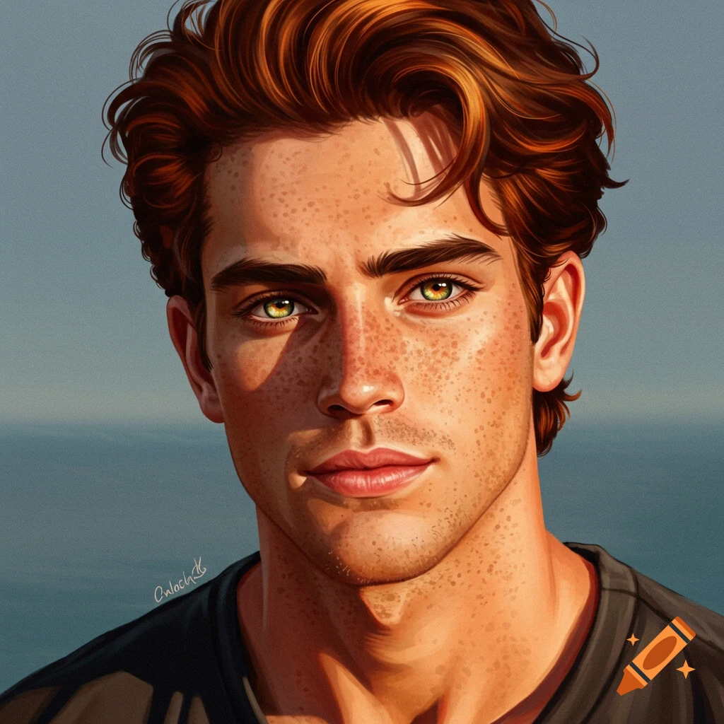 Close-up of a young man with auburn hair, freckles, and golden eyes looking forward.
