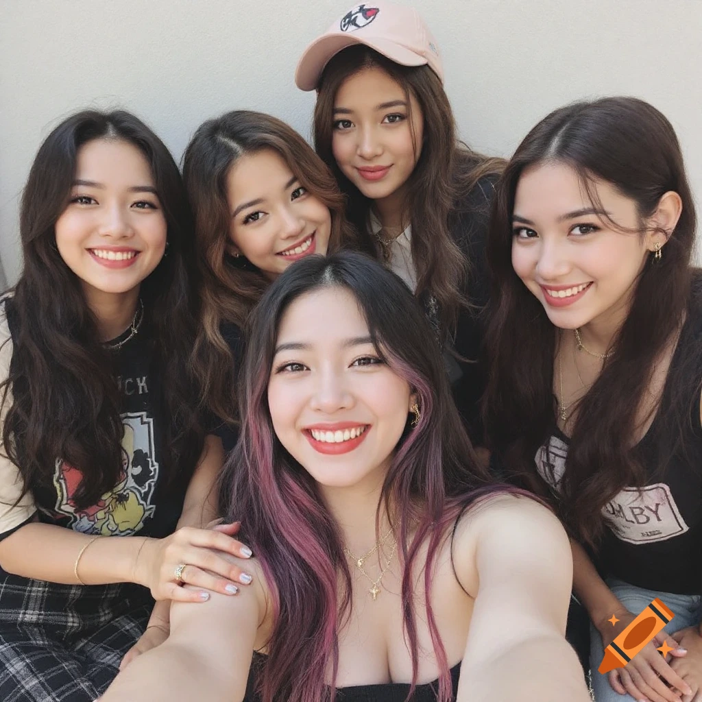 Five smiling young women taking a selfie.