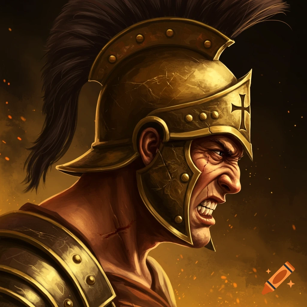 Close-up of a grimacing warrior in a gold Roman helmet with a Christian cross, looking to the side.