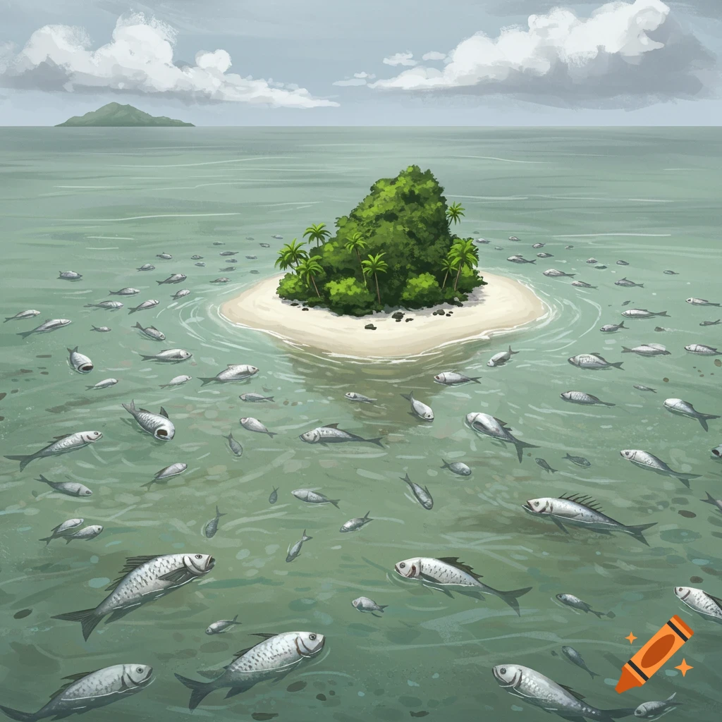 Illustration of a tropical island surrounded by dead fish floating in the ocean.